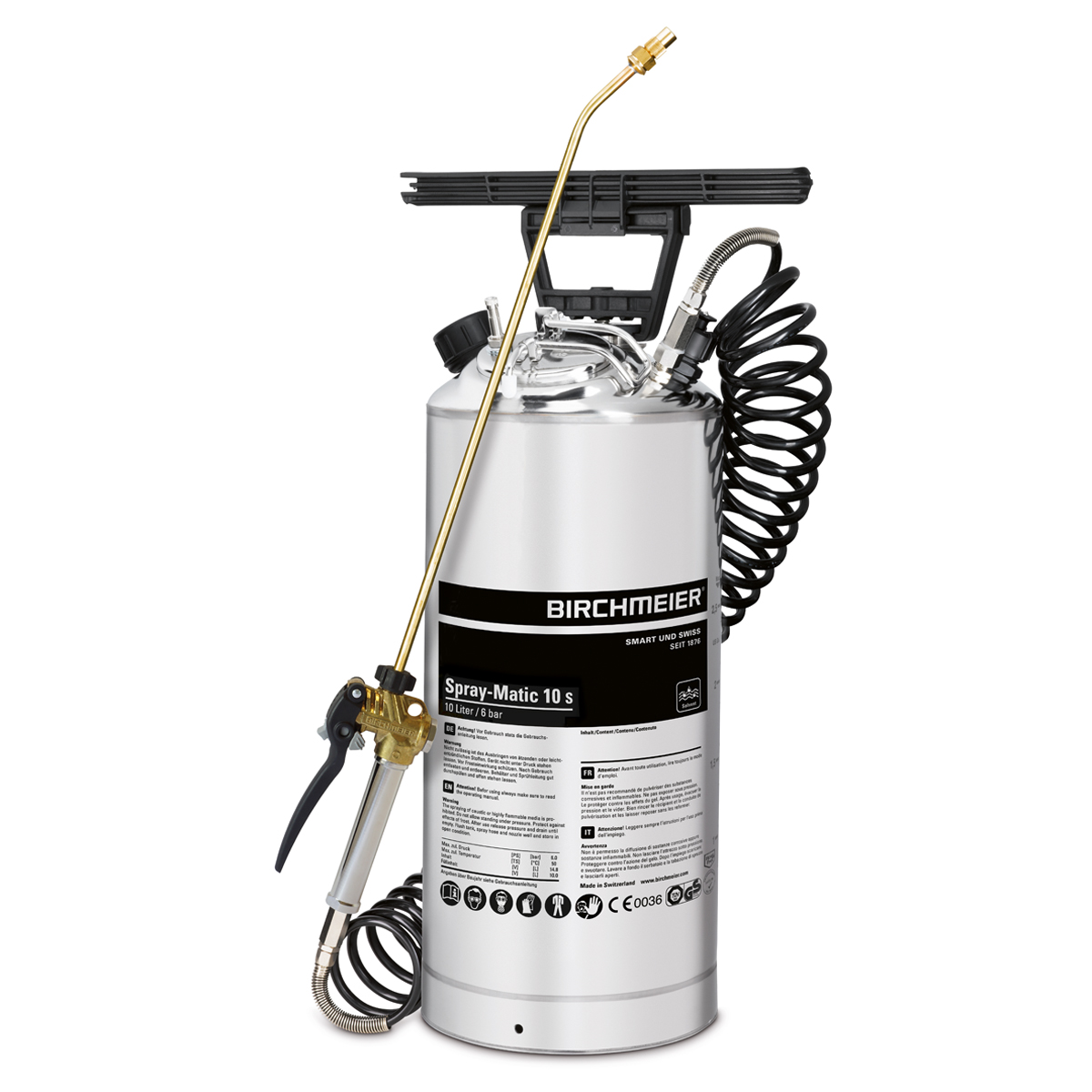 Pulvérisateur Birchmeier Spray-Matic 10 S de 10 L avec pompe à main, lance en laiton et flexible spiralé