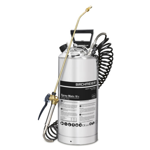Pulvérisateur Birchmeier Spray-Matic 10 S de 10 L avec raccord à air comprimé, lance en laiton et flexible spiralé