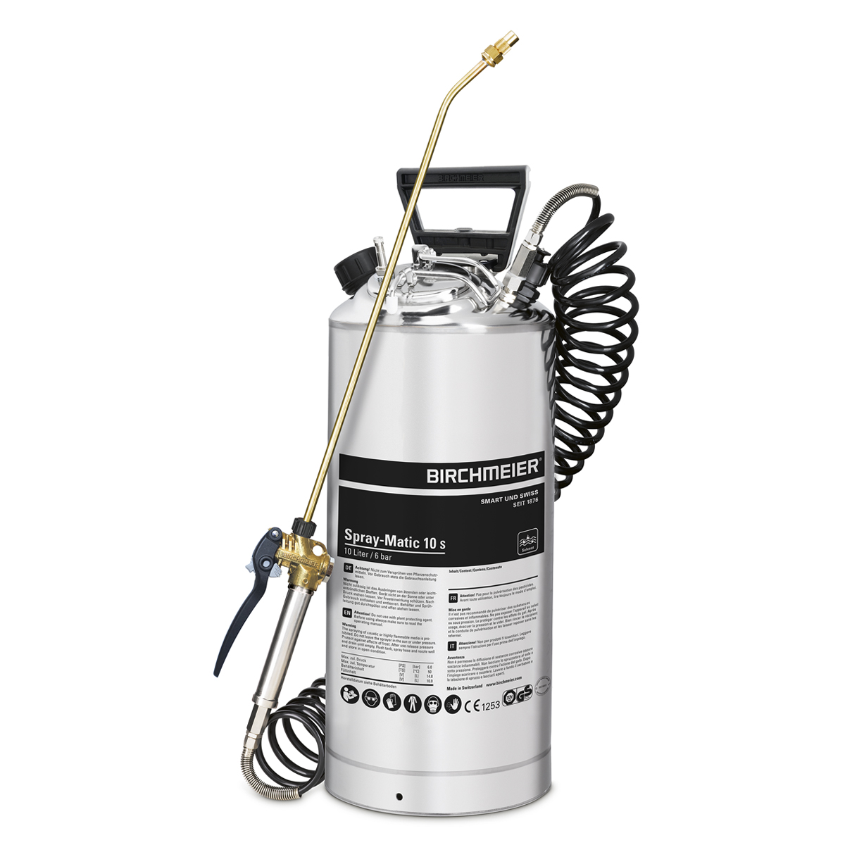 Pulvérisateur Birchmeier Spray-Matic 10 S de 10 L avec raccord à air comprimé, lance en laiton et flexible spiralé