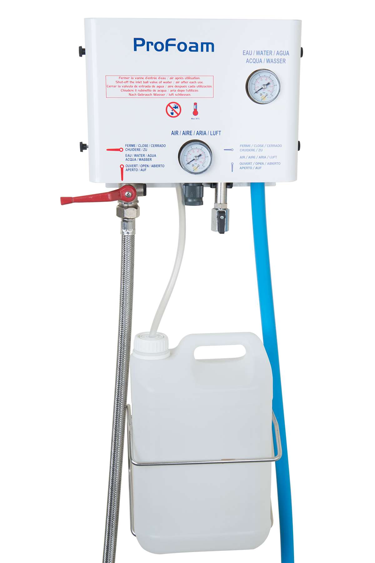 Centrale murale Seko ProFoam avec manomètres eau et air et bidon sur support