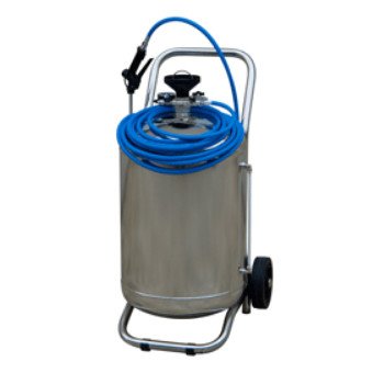 Pulvérisateur mobile à cuve inox avec tuyau bleu enroulé et pistolet