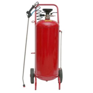 Pulvérisateur GEPRO Spray-Matic à cuve en acier peint rouge sur roues, avec entonnoir, flexible spiralé et lance
