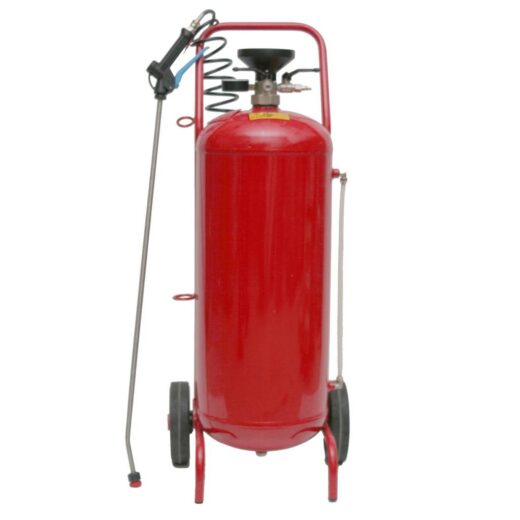 Pulvérisateur GEPRO Spray-Matic à cuve en acier peint rouge sur roues, avec entonnoir, flexible spiralé et lance