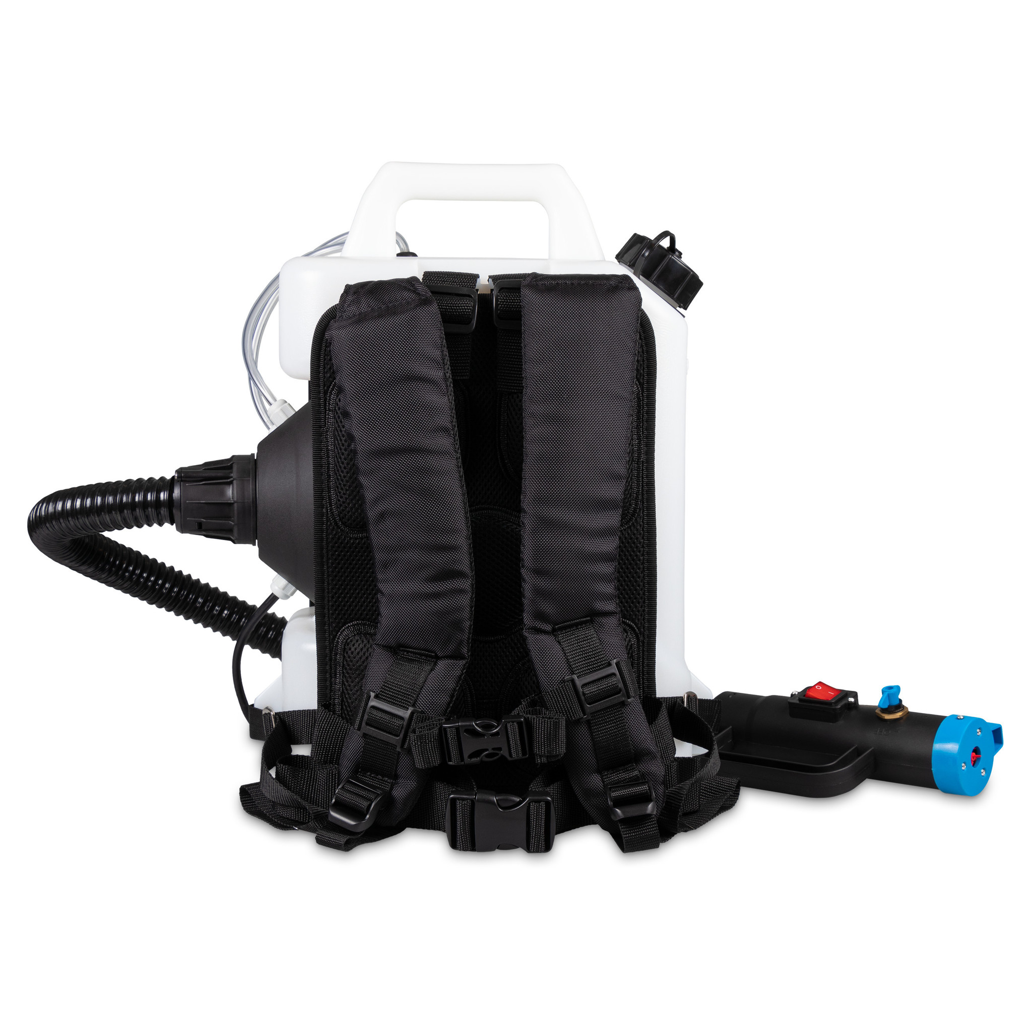 Nébulisateur dorsal GEPRO 10 L vu de dos, avec harnais, flexible et poignée de commande